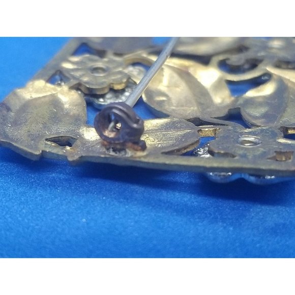 Vintage Rectangle Open Flowers Leaves Rhinestone Gold and Silver Tone Brooch Pin - Picture 4 of 5